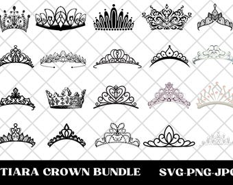 May include: A set of 16 black and white tiara and crown SVG cut files. The crowns are in various styles, including simple, ornate, and whimsical.