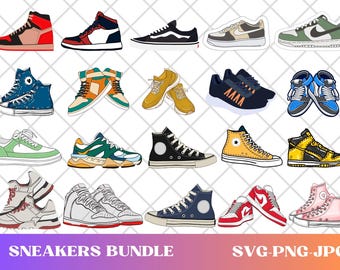 May include: A bundle of 16 colorful sneaker designs in various styles, including high-top, low-top, and platform sneakers. The designs feature a variety of colors, patterns, and textures.  SVG-PNG-JPG