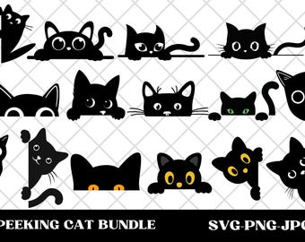 Peeking Cat SVG PNG EPS Clipart, Peeking Kitten Silhouette, Peeking Cats Template, , Cut Files, Instant Download, 30 Bundle Templates