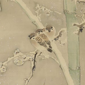 May include: A traditional ink wash painting on paper depicting three small brown and white sparrows perched on a snow-covered branch. The scene includes a green bamboo stalk and white plum blossoms, with delicate white dots representing falling snow.