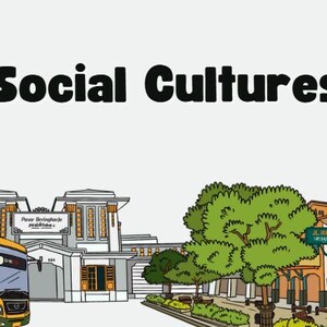 May include: A cartoon illustration of a city street scene with a yellow bus, trees, and buildings. The text "Social Cultures" is written in bold black letters at the top of the image.