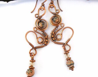 Gypsy wire wrap earrings, wire wrap boho earrings, long wire wrap earrings, bohemian earrings, wire wrapped jewelry, boho jewelry