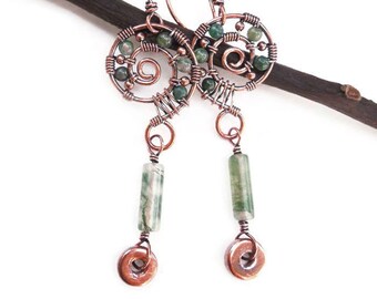 Moss Agate wire earrings, wire wrapped jewelry, wire wrap earrings, bohemian earrings, bohemian jewelry, boho jewelry, boho earrings