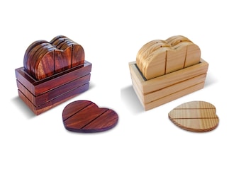 Wooden Heart Shaped Coasters Set of 6 | with Gray Storage Stand (Home) | Perfect for Coffee, Tea, Mugs, Cups, Wine Glasses | Heart Shape