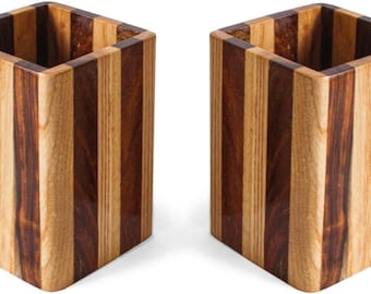 2 Pack Wooden Pen Holder – Striped Pattern Natural Wood Pencil Organizer, Desk Accessories, Handmade Pen Stand for Office & Home