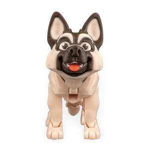 May include: A tan and black German Shepherd toy dog with a smiling expression. The toy dog has a tan body, black ears, and a black snout. The dog's tongue is visible, and it is standing on all fours.