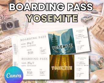 Yosemite boarding pass template, 4 Canva templates, Canva editable, Yosemite National Park surprise trip reveal, US National Parks holiday