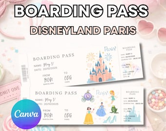 Disneyland Paris ticket | Disneyland Paris reveal | canva editable and printable | boarding pass disneyland editable ticket template