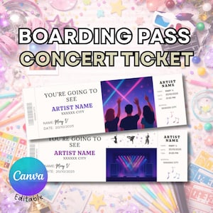 Puede incluir: Dos diseños de entradas de concierto con el texto "BOARDING PASS CONCERT TICKET". Las entradas tienen un fondo blanco con texto y gráficos morados. Una entrada muestra siluetas de personas con las manos levantadas y la otra muestra un escenario.