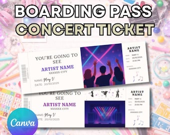 Concert ticket invite digital, editable boarding pass to concert ticket, editable and printable surprise gift Canva, diy concert ticket