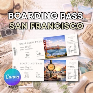 May include: A travel-themed design featuring boarding passes to San Francisco. The passes display the Golden Gate Bridge and other San Francisco landmarks. The text "BOARDING PASS SAN FRANCISCO" is prominently displayed. The design includes travel accessories.