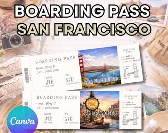 San Francisco boarding pass, editable boarding pass gift ticket, editable surprise gift in Canva, San Francisco travel ticket template