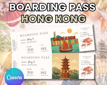 Hong Kong ticket, Hong Kong boarding pass, editable boarding pass gift ticket, Canva editable surprise trip reveal, Hong Kong holiday reveal