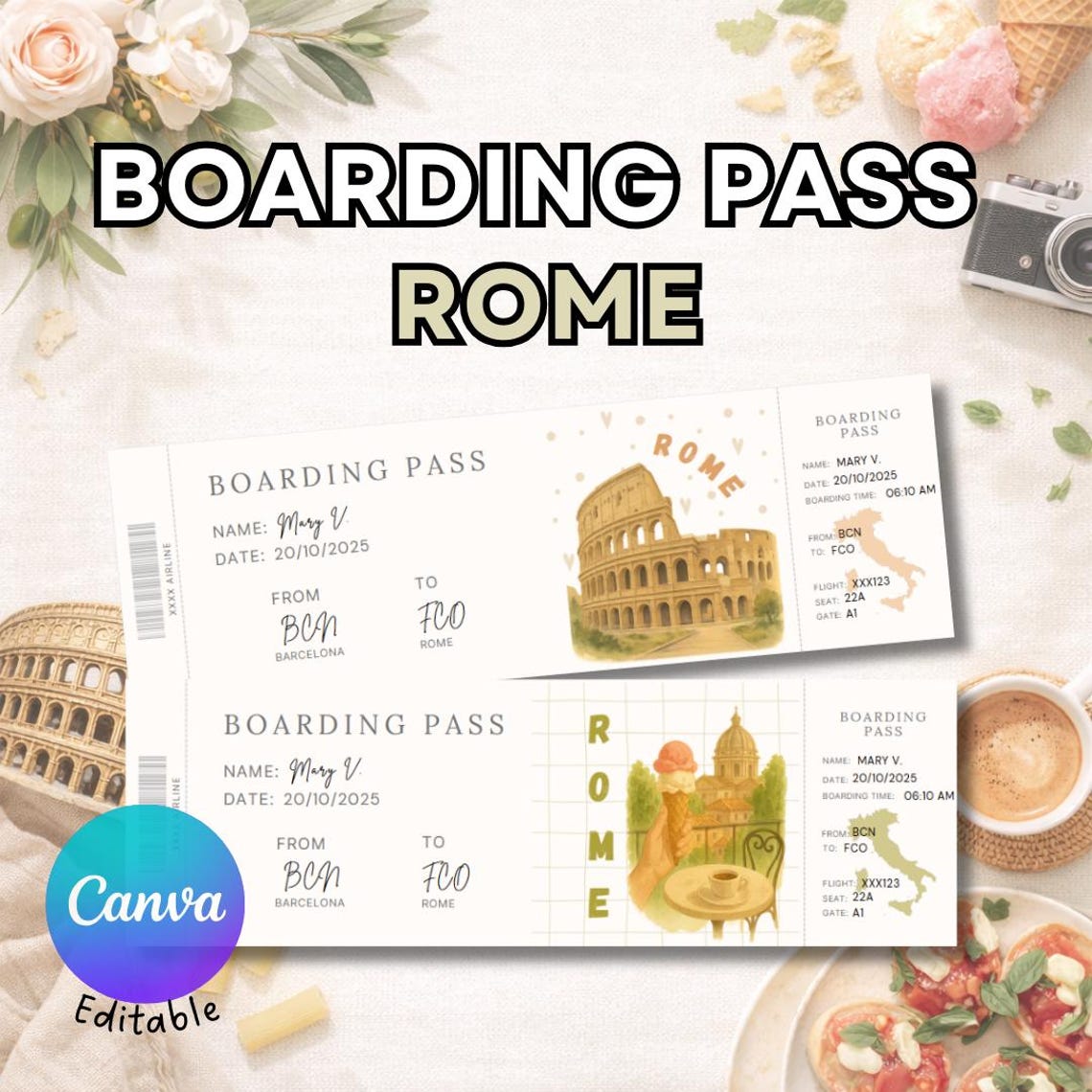 Boarding pass para regalar un viaje sorpresa a Roma