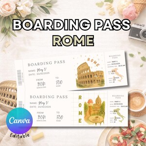 Tarjeta de embarque para Roma Italia, boarding pass editable en Canva, plantilla tarjeta de embarque para rellenar, billete de viaje Roma