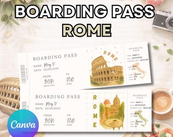 Rome boarding pass, editable boarding pass gift ticket, editable surprise gift in Canva, Rome travel ticket template, Italy plane ticket