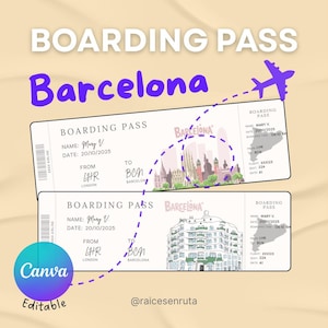 Barcelona boarding pass, editable boarding pass, editable and printable surprise gift in Canva, Barcelona travel ticket template