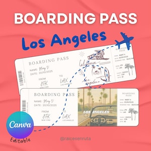 Los Angeles California USA boarding pass, editable boarding pass gift ticket, editable surprise gift in Canva, travel ticket template