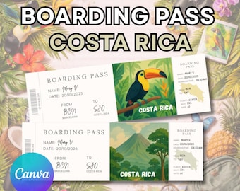 Costa Rica boarding pass, editable boarding pass gift ticket, editable surprise gift Canva, Costa Rica travel ticket template, plane ticket
