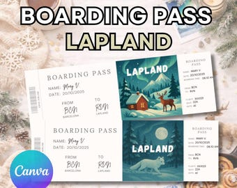 Lapland ticket, Lapland boarding pass, editable boarding pass gift ticket, Canva editable surprise trip reveal, Lapland reveal