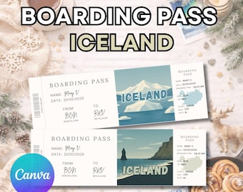 Iceland ticket, Iceland boarding pass, editable boarding pass gift ticket, Canva editable surprise trip reveal, Iceland holiday reveal