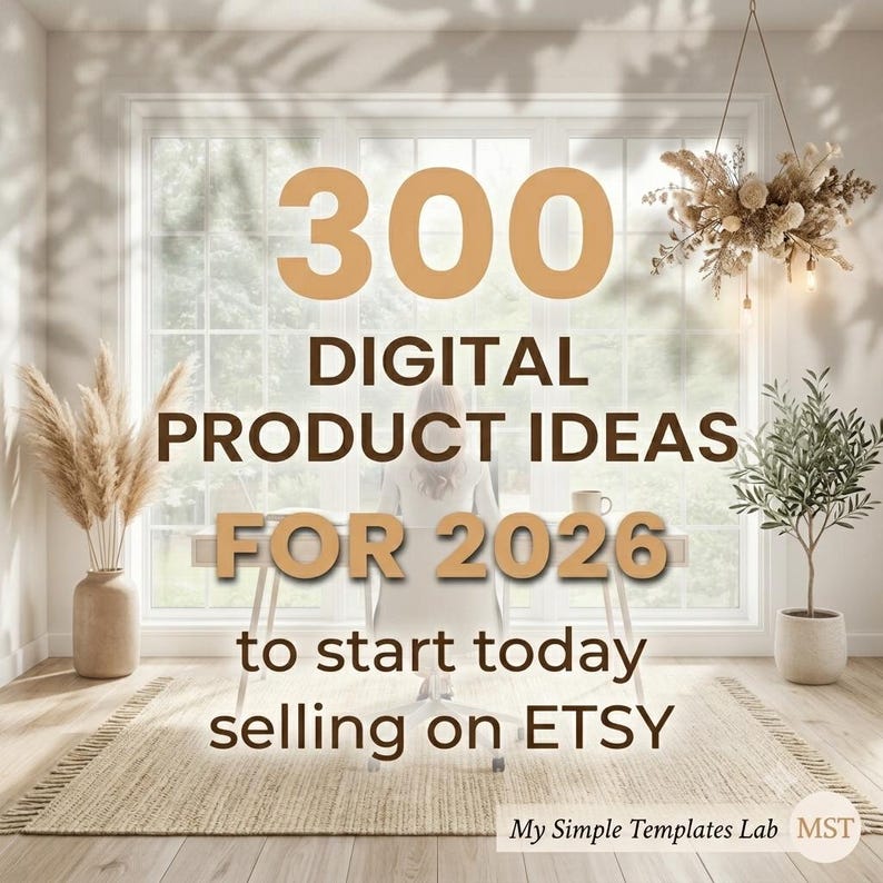 May include: An interior shot with the text "300 DIGITAL PRODUCT IDEAS FOR 2026 to start today selling on ETSY." The scene includes a desk, a window, and decorative plants. The overall aesthetic is neutral and inviting, suggesting a focus on digital product creation.