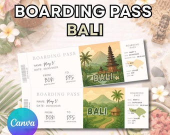 Boarding pass to Bali, editable boarding pass gift ticket, editable and printable surprise gift in Canva, Bali travel ticket template