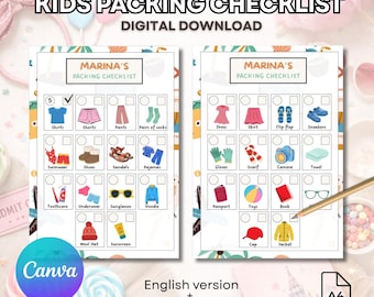 Kids packing list template | editable and printable travel checklist in Canva | printable travel packing list | baby travel checklist