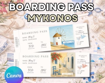 Mykonos boarding pass, editable boarding pass gift ticket, editable surprise gift in Canva, Mykonos travel ticket template, plane ticket