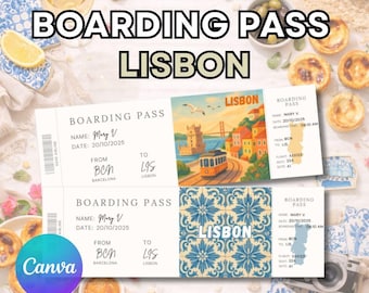Lisbon boarding pass, editable boarding pass gift ticket, editable surprise gift in Canva, Lisbon travel ticket template, trip reveal