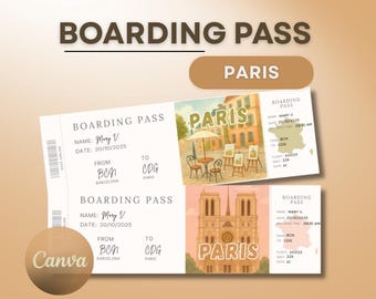 Paris boarding pass, editable boarding pass gift ticket, editable and printable surprise gift in Canva, Paris ticket, surprise trip reveal