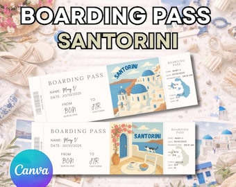 Santorini boarding pass, editable boarding pass gift ticket, editable surprise gift in Canva, Santorini travel ticket template, plane ticket