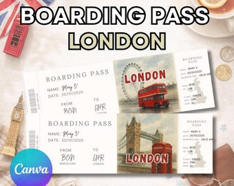 London ticket, London boarding pass, editable boarding pass gift ticket, Canva editable surprise trip reveal, London England holiday reveal