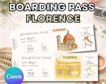 Florence boarding pass, editable boarding pass gift ticket, editable surprise gift in Canva, Florence travel ticket template, plane ticket