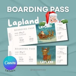 Puede incluir: Dos tarjetas de embarque con temática de Laponia. Las tarjetas presentan ilustraciones de Papá Noel y renos, con el texto "BOARDING PASS" y "Lapland". El logotipo de Canva y la palabra "Editable" también son visibles.