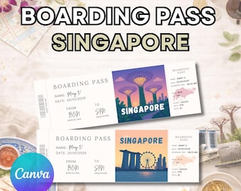 Singapore boarding pass, editable boarding pass gift ticket, editable surprise gift in Canva, Singapore travel ticket template, trip reveal