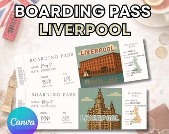 Liverpool ticket, Liverpool boarding pass, editable boarding pass gift ticket, Canva editable surprise trip reveal, Liverpool holiday reveal