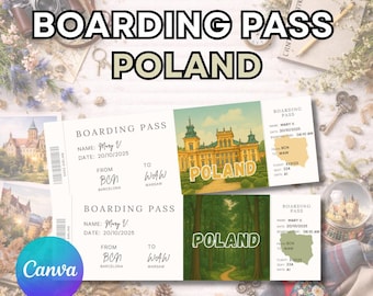 Poland ticket, Poland boarding pass, editable boarding pass gift ticket, Canva editable surprise trip reveal, Poland Warsaw holiday reveal