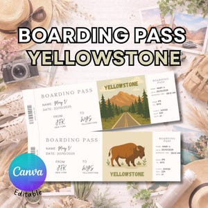 May include: Two boarding passes with the text "BOARDING PASS YELLOWSTONE". The passes have a vintage design with illustrations of a road through a mountain landscape and a bison. The passes are from JFK to WYS.