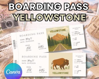 Yellowstone boarding pass ticket, editable and printable surprise gift in Canva, Yellowstone travel ticket template, printable boarding pass
