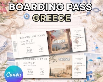 Greece boarding pass, editable boarding pass gift ticket, editable surprise gift in Canva, Greece travel ticket template, plane ticket