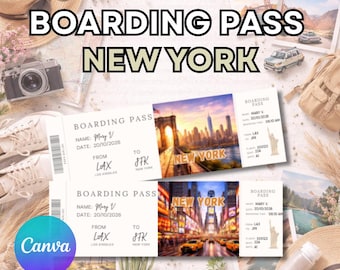 New York boarding pass, editable boarding pass gift ticket, editable and printable surprise gift in Canva, New York travel ticket template