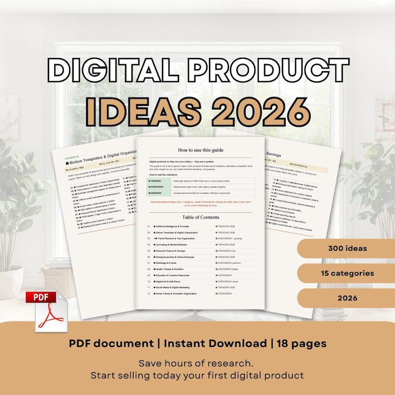 May include: A digital product guide titled "DIGITAL PRODUCT IDEAS 2026" with 300 ideas across 15 categories. The PDF document includes 18 pages and is available for instant download. The guide is designed to help users start selling digital products.