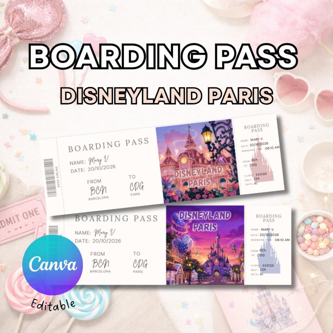 Boarding pass para regalar un viaje sorpresa a DIsneyland Paris