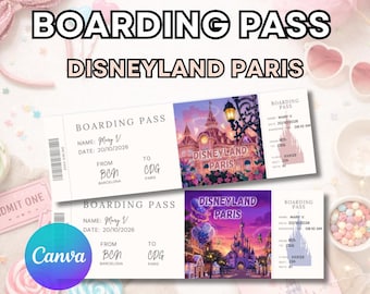Disneyland Paris ticket | Disneyland Paris reveal | canva editable and printable | boarding pass disneyland editable ticket template
