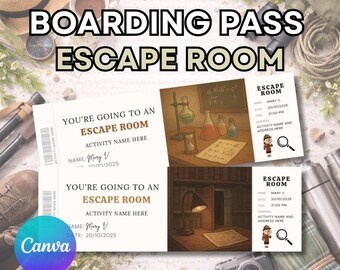 Escape room invite digital, editable boarding pass to escape room, editable and printable surprise gift Canva, escape game, mystery invite