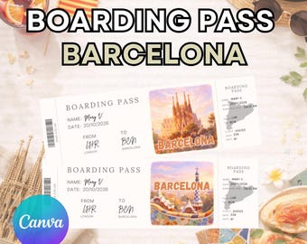 Barcelona boarding pass, editable boarding pass gift ticket, editable and printable surprise gift in Canva, Barcelona travel ticket template