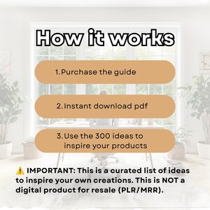 May include: Image with the text "How it works" and three steps: Purchase the guide, Instant download pdf, and Use the 300 ideas to inspire your products. A disclaimer states this is a curated list of ideas, not a digital product for resale.
