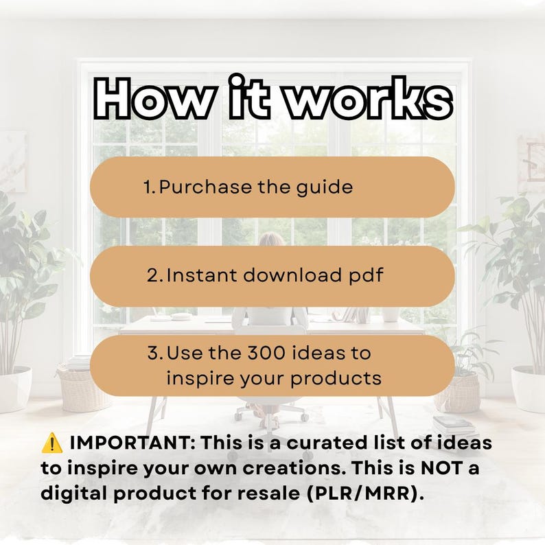 May include: Image with the text "How it works" and three steps: Purchase the guide, Instant download pdf, and Use the 300 ideas to inspire your products. A disclaimer states this is a curated list of ideas, not a digital product for resale.