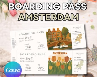 Amsterdam boarding pass, editable boarding pass gift ticket, editable surprise gift in Canva, Amsterdam travel ticket template, trip reveal